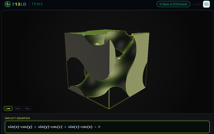 TPMS gyroid in F13LD.tpms, real-time WebGL preview.
